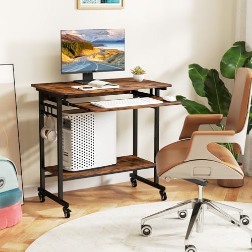 Rolling Desk with Keyboard Tray, 31.5’’ Small Computer Desk with Wheels