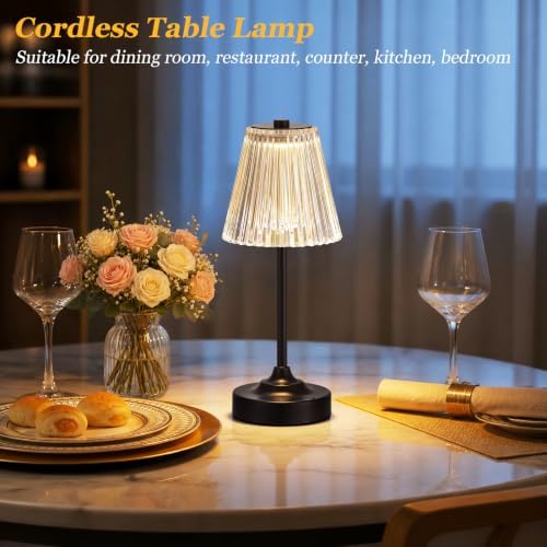 Black Cordless Rechargeable Table Lamp, Touch Battery Powered Lamp, 3 Color Modes, Crystal Acrylic Lampshade, Portable Ambient Night Light for Desk, Bedroom, Living Room, Dining Room, Kitchen, Bar