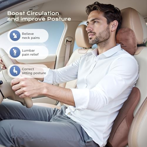 Coverado Car Lumbar Support Pillow and Car Neck Pillow Kit, Ergonomic Design Car Headrest Pillow for Driving, Relax Back Head Muscles Relieve Driving Fatigue, Breathable & Removable Cover