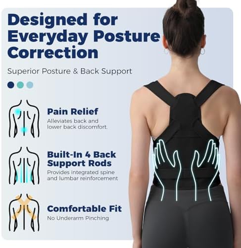 Posture Corrector for Women and Men Upgraded Back Brace, Adjustable Back Support for Upper and Lower Back Pain Relief, Shoulder Straightener for Hunchback, Thoracic, Scoliosis, Lumbar, Spine (Black, L)