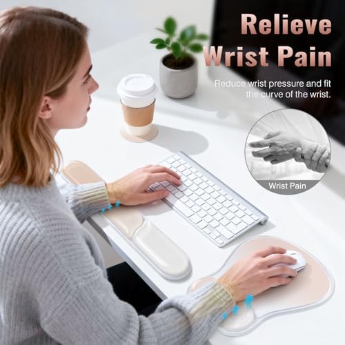 Ospelelf Mouse Pad with Wrist Rest Set Gel Ergonomic Keyboard Wrist Support Anti-Slip Rubber Bottom Office Women Desk Accessories for Computer, Laptop and Gaming, Pink