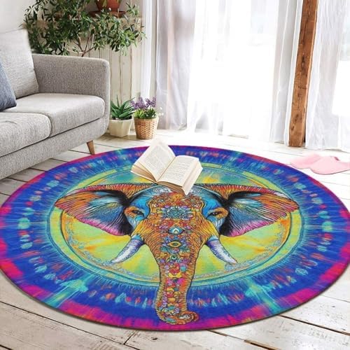 Machine Washable Modern Round Area Rug, Room Sofa Yoga Soft Round Carpet, Home Decor Non Slip Kitchen Office Circle Rug Elephant Head Tie Dye Art, 36inch