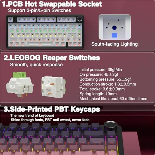 AULA F75 Pro Wireless Mechanical Keyboard,75% Hot Swappable Custom Keyboard,RGB Backlit,Pre-lubed Reaper Switches,Side Printed PBT Keycaps Mechanical Gaming Keyboards, Pink&Black