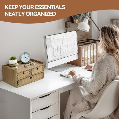 KIRIGEN Wooden Desk Organizer with 3 Drawers and Top Shelf Brown DT2D3C-DBR