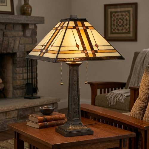 Lavish Home Tiffany Style Table Lamp with Stained Glass Shade, Bronze