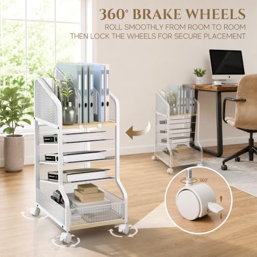 Rolling File Cart Under Desk Storage and Organizers 5-Tier White