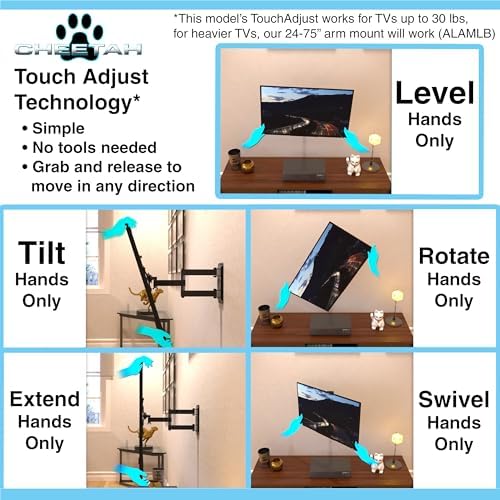 Cheetah TV Monitor Wall Mount for 12-55 Inch TVs up to 40 lbs, Includes 10 ft HDMI Cable, Tools-Free Tilt, Max VESA 200x200mm, Articulating Arm TV Bracket, Full Motion Swivel, Low Profile, Extends 15"