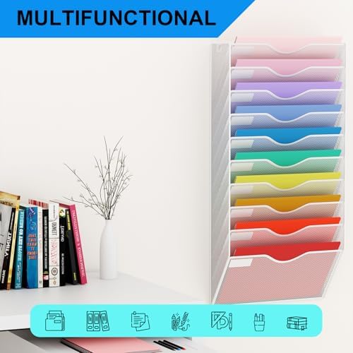 10 Pockets Hanging Wall File Organizer Mail Holder, Wall Mounted Paper Document Folder Holder, Clipboard Storage Organization Magazine Rack, White