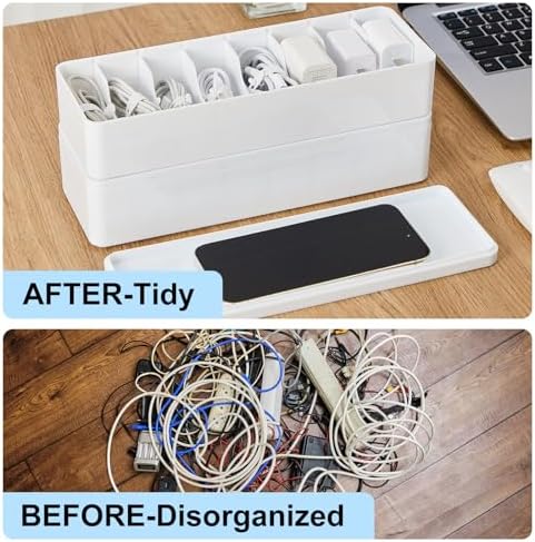 Tatuo Cord Organizer Box with Lid, White, 2 Pack