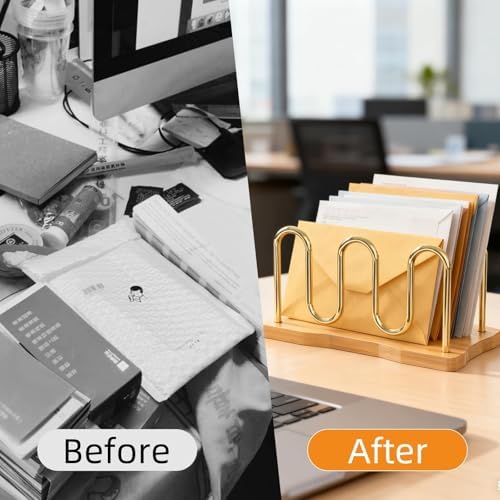 Mail Holder Organizer Countertop, Metal Letter Holder Sorter (Bamboo)