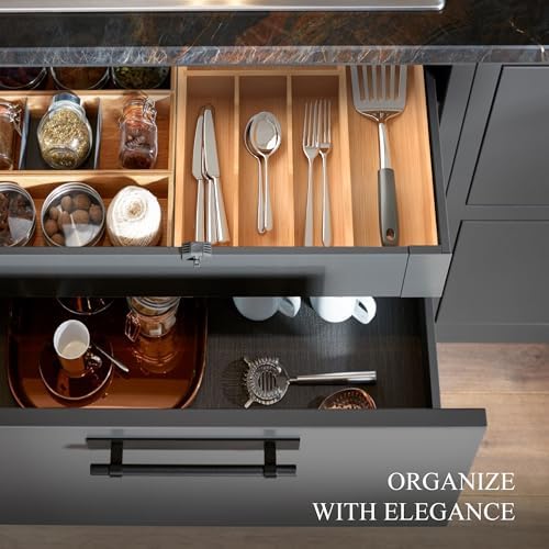 Bamboo Silverware Organizer, Kitchen Drawer Organizer, Utensil Holder, Cutlery Tray & Spoon Flatware Storage with Grooved Drawer Dividers (12''W x 16.5''D)