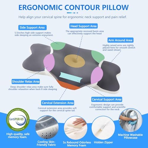 Cervical Neck Pillow for Neck Pain Relief & Side Sleeper | Ergo Pillow for Sleep Apnea, Neck Pain, and Snoring Relief | Orthopedic Memory Foam with Ergonomic Neck Support, Gray, Large