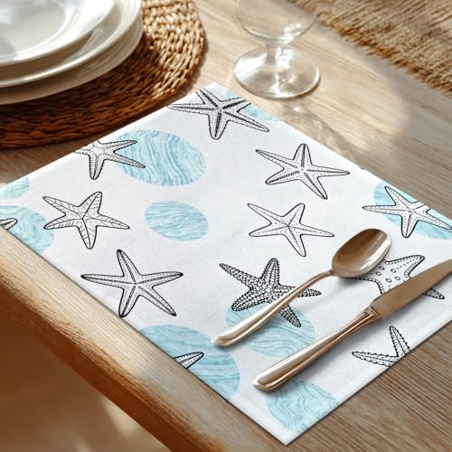 Shrahala Coastal Nautical Set of 6 12 X 18 Inch Linen Placemats, Circles Starfish Blue White Marine Theme Burlap Table Mat Washable Double Layered Heat Insulation for Indoor/Outdoor