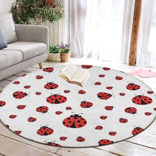Highly Premium Quality Floor Mat, Office Chair Decor Mat, Room Sofa Yoga Soft Round Carpet Ladybug Red Black Dots White