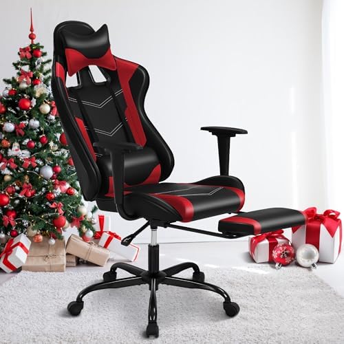 Red Gaming Chair with Footrest, PU Leather Gaming Chairs for Adults, High Back Comfy Office Chair Ergonomic Desk Chair Computer Chair, Reclining Gamer Chair, Height & Backrest Adjustable, 300 Lbs