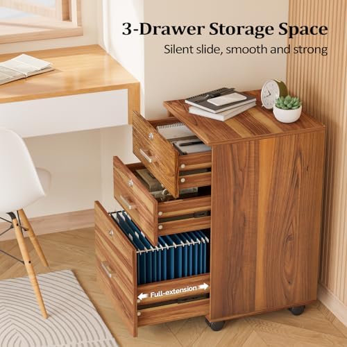 VINGLI 3-Drawer File Cabinet with Lock, Wood Rolling Filing Cabinets for Home Office, Mobile Printer Stand, Under Desk File Organizer for Letter Sized Files, 26" H(Caster Included), Walnut