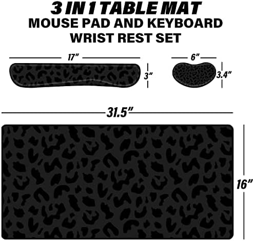 3Pcs Large Gaming Mouse Pad Desk Mat,Keyboard Mouse Wrist Rest Support Set,Extended Laptop Mouse Pad Memory Foam Non-Slip Base for Gamer Home Office(31.5x15.7in)-Black Leopard Cheetah