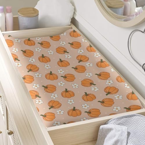 Cartoon Pumpkin Floral Flowers Pattern Baby Changing Pad Cover, Unisex Fall Theme Nursery Diaper Changing Table Pad Mat Sheet for Boys Girls-16x32