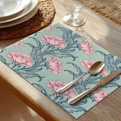 Shrahala Bloom Floral Garden Set Of 4 12 X 18 Inch Linen Placemats , Flourish Ornamental Blossom Rose Burlap Table Mat Washable Double Layered Heat Insulation For Indoor/Outdoor