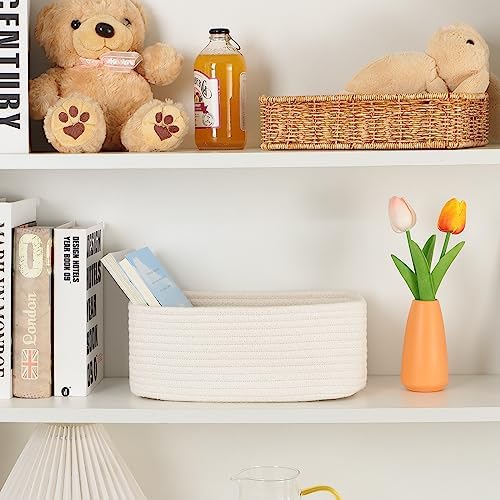 MiniArk Small Storage Baskets for Organizing | Closet Organizer Bins | Shelf Toy Basket | Woven Rope Baskets | Cube Decorative Box | Shallow Basket | 11.5x7.5x4.7” | 4 Packs Off White