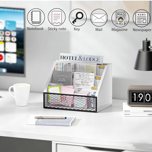 Mail Organizer Countertop,Wooden Mail Holder,4 Slot Letter Holder for Desktop,Vintage Desk Orgaizer for Fill,Bill (White)
