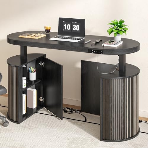 Mid Century Modern Electric Standing Desk with Storage, 55 x 22 Inch Small Sit Stand Up Desk, Wood Adjustable Height Computer Executive Desk for Home Office, Laptop, Black