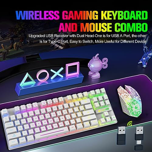 Wireless Membrane Gaming Keyboard and Mouse Set with 87Key Tenkeyless-White