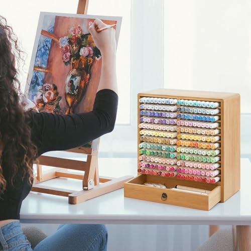 Marker Organizer, Bamboo Storage Rack With Drawer for Hold 216 Markers