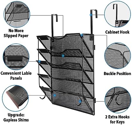 BOHDK Wall File Organizer 5 Pockets, Mail Organizer, Hanging Folder Holder, Foldable | Hanging or Wall Mounted | Label Panel | 2 Hooks | Office Home School Organizer, Black