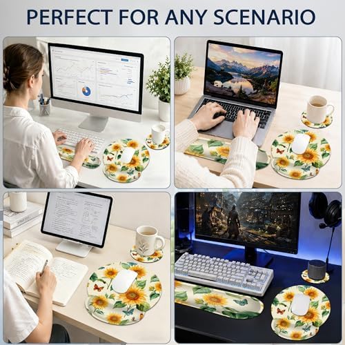 Sunflowers Keyboard Wrist Rest Pad Ergonomic Mouse Pad Set,Butterfly 3 in 1 Memory Foam Mouse Pad with Non Slip Base for Office and Home