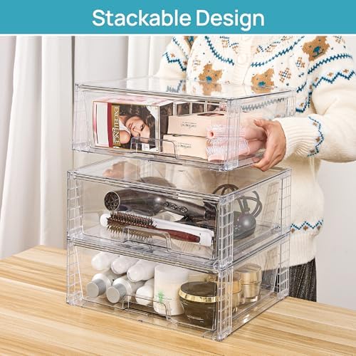 Vtopmart 3 Pack Large Clear Stackable Storage Drawers for Closet, Pantry