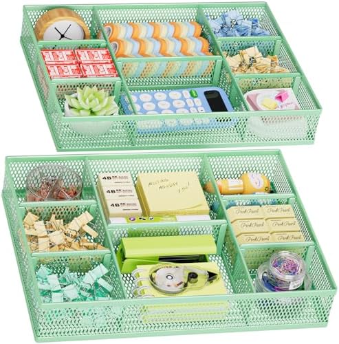 Marbrasse 2 Pack Desk Drawer Organizer, Mesh Drawer Organizer Tray with 8 Adjustable Compartments, Desk Organizers and Accessories, 5 Dividers Drawer for Office Supplies, Makeup & Vanity (Green)