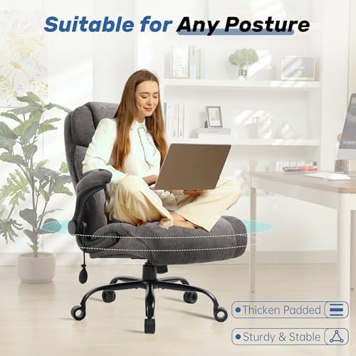 550LBS Big and Tall Office Chair, Comfy Heavy Duty Executive Chair with Adjustable Lumbar Support Double Spaces Casters, Fabric Extra Wide Seat Ergonomic Computer Desk Chair for Back Pain,Greycloth
