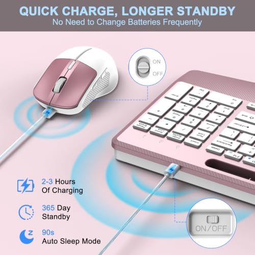 Rechargeable Silent Wireless Keyboard and Mouse Combo, Ergonomic Wrist Rest & Phone Tablet Holder, USB-C Adapter Included, 2.4G Lag-Free Cordless Set for Windows Mac Laptop PC Home Office (Rose Gold)