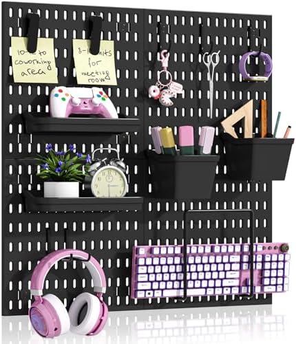 AKTOP Plastic Peg Board Wall Organizer 4-Pack, 12"x12" Pegboard Kit, Black