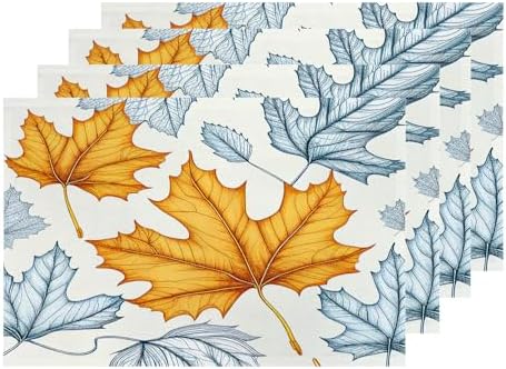 Shrahala Autumn Maple Leaves Set Of 4 12 X 18 Inch Linen Placemats , Cartoon Artistic White Background Burlap Table Mat Washable Double Layered Heat Insulation For Indoor/Outdoor