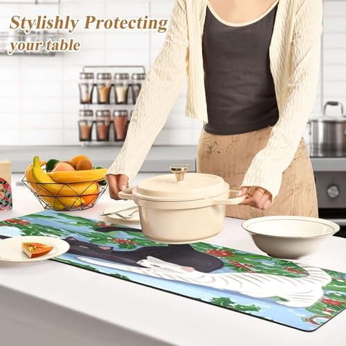 Cat Stretching Trivet Table Runner for Hot Dishes and Pots, Heat Resistant Waterproof Anti-Slip Table Protector for Kitchen Decor, 11.8x39.4 in