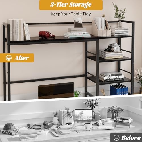 HavenlyYouth Desk Shelf, 45.4 Inch Wood Desk Organizer Shelf for Computer Monitor, Desk Hutch Storage, Desktop Shelf for Top of Desk, 3 Tier Desktop Bookshelf for Home Office Dorm, Black