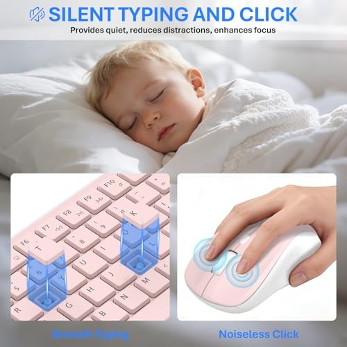 Wireless Keyboard and Mouse Combo, Full-Size Silent Ergonomic Keyboard and Mouse, Sleep Mode, Long Battery Life, 2.4G Lag-Free Cordless Mice Keyboard Set for Computer, Laptop, PC, Mac, Windows (Pink)