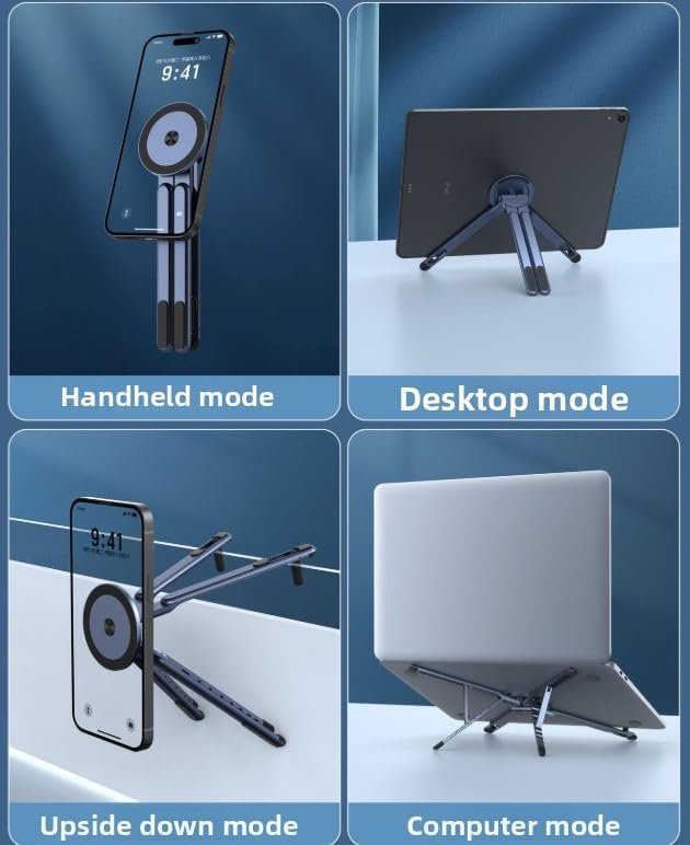 Portable Laptop Stand for Desk, Foldable Adjustable Computer Riser with Magnetic Phone Holder, Aluminum Laptop Stand Tablet Stand Mobile Phone Holder (Gray)