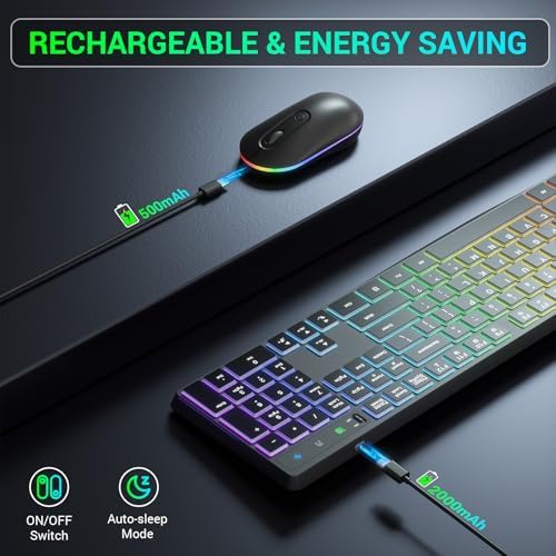 Wireless Keyboard and Mouse Combo, Lovaky 2.4G Full-Sized Ergonomic Keyboard Mouse, 3 DPI Adjustable Cordless USB Keyboard and Mouse, Quiet Click for Computer/Laptop/Windows/Mac (RGB Rainbow, 1 Pack)