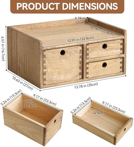 KIRIGEN Wooden Desk Organizer with 3 Drawers and Top Tray, Brown DT1D3C-DBR