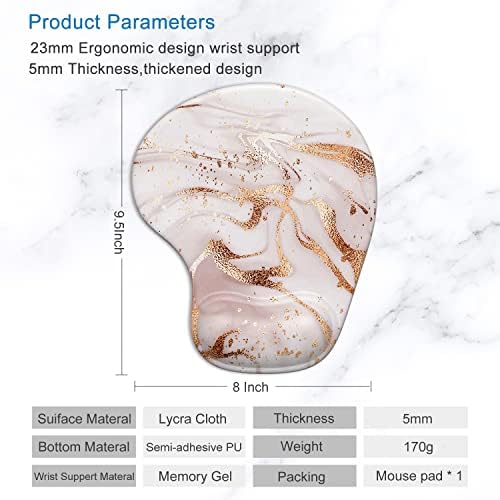 ITNRSIIET Ergonomic Mouse Pad with Gel Wrist Support Wrist Rest Smooth Surface Non-Slip PU Base Comfortable Office Supplies Pain Relief, 9.5 x 8 inches, Rose Gold Marbling
