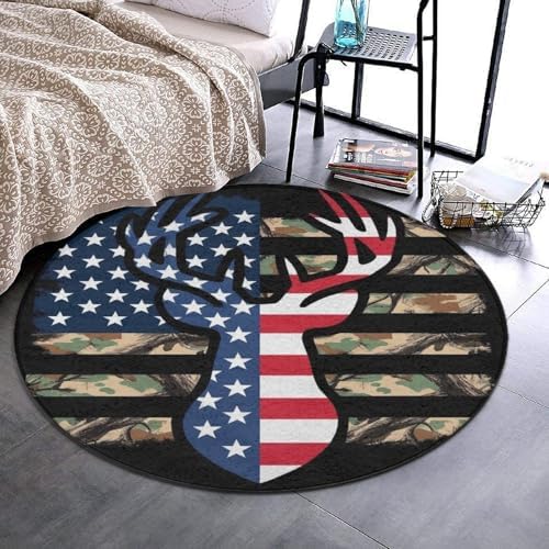 Circular Rugs Large Modern Round Area Rug Fashion Decor Mat for Home Office Camo Deer Hunting Camouflage USA Flag