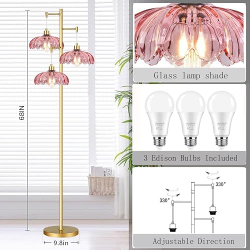 Vintage Floor Lamps for Living Room Bedroom-3 Light Glass Floor Lamp with Three Led Bulb, Tall Flower Floor Lamp Gold Mid Century Modern Standing Lamp Tree Floor Lamps for Living Room Bedroom Corner