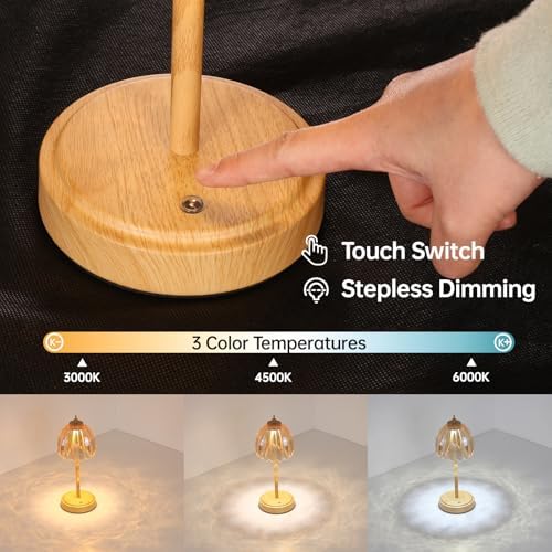 Shenmoyl Tulip Table Lamp with 5200mAh Battery & Touch Control, Small Cordless Table Lamp with 3 Colors, Rechargeable Battery Operated Table Lamps for Bedroom, Desk, Bedside (Amber-Beech Color)