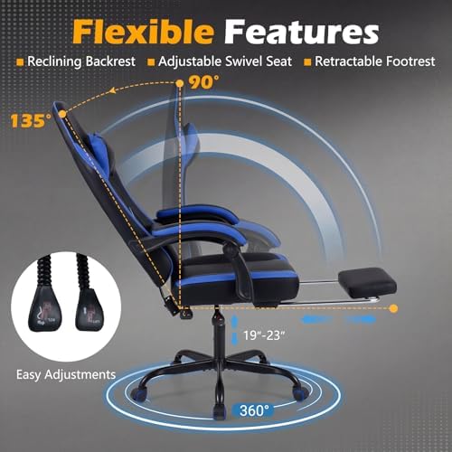 Giantex Gaming Chair, Height Adjustable Computer Desk Chair with Headrest, Lumbar Support, Linkage Armrests, Reclining Backrest & Footrest, Ergonomic Office Chair, Video Game Chair (Blue)