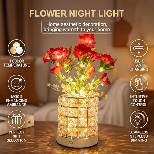 Flower Table Lamps, Rechargeable Cordless Small Desk Lamp, 3 Colors Dimmable Artificial Flowers Night Light, Fake Bouquet Carnation with Crystal Vase Gifts for Girl Women Mom (Red - Carnation)