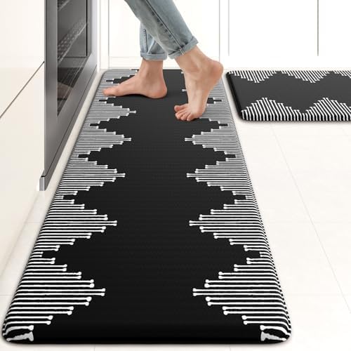 KIMODE Anti Fatigue Kitchen Mats,Black Boho Kitchen Rugs,Standing Desk Mats