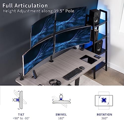 VIVO Premium Quad Ultra Wide LCD LED 27 to 38 inch Monitor Desk Mount, Heavy Duty C-clamp, Extra Tall Pole, Adjustable Telescoping Arms, Flush Wall Setup, Fits 4 Screens, Black, STAND-TS38C-4